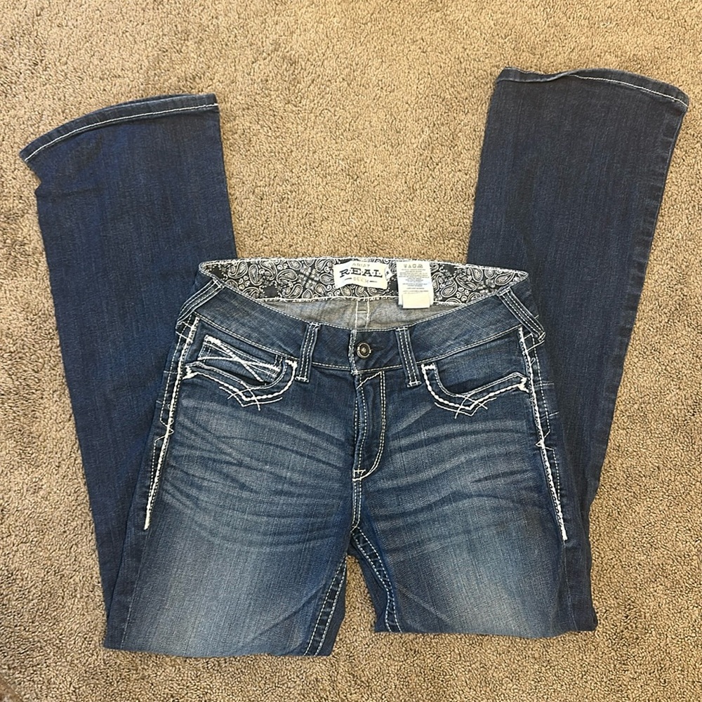 Ariat FR Mid Rise Bootcut Jeans Women's Size 31R Dark Wash Embroidered Pockets